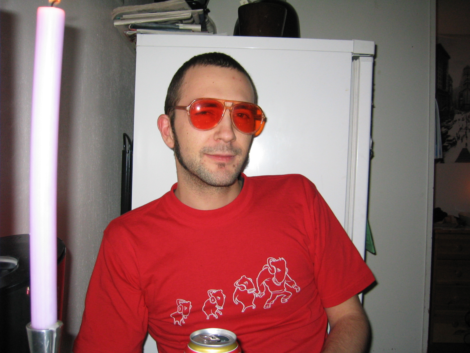 Reverend sporting his Ruby Goggles. Dang! All he needs now is a vest.., 'judge goggles' Ruby Goggles look pretty useless to you, and furthermore they make you look like an Ulf with red poop on his face. ( Charisma: 0 )